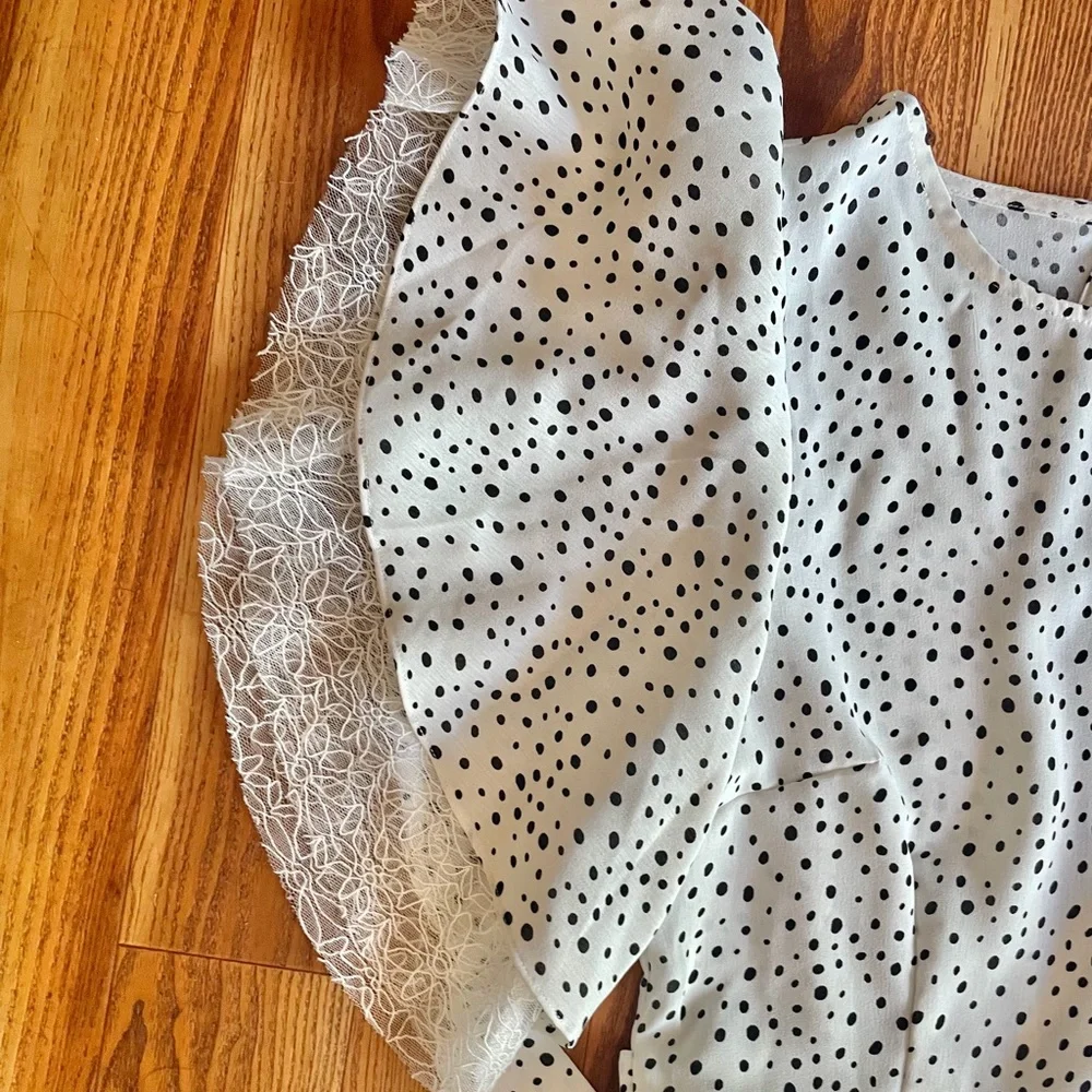 She & Sky White Black Polka Dot Open Back Peplum Top with Lace Detail - Picture 3 of 6